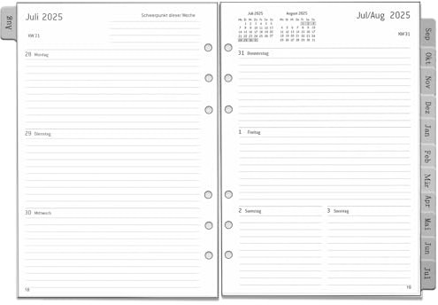 2025 2026 Wochenplaner Einlage A5 6 Löcher, Deutsch, 1 Woche 2 Seiten mit Tabs, Extra Notizen Kontakt, von Aug.25 bis Jul.26, Dicker Papier, 100 gsm, Nachfüllung für Kalender 2025 2026 Planer