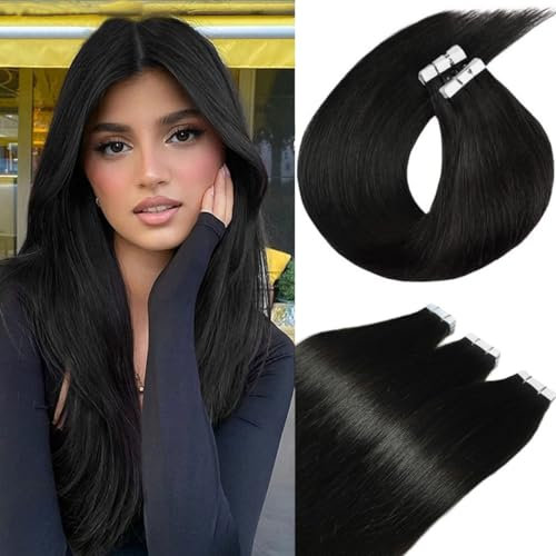 Unipearl Glatt Tape Extensions Echthaar,40cm 16Zoll 20Stück 40g Natürliches Schwarz Invisible Skin Weft Haarverlängerung für Frauen Straight Tape in Extensions Echthaar