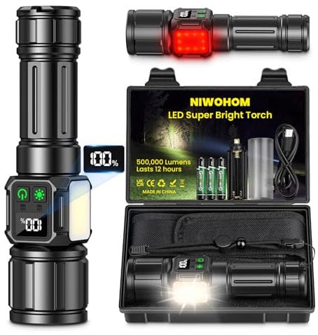 NIWOHOM Linternas LED Alta Potencia, Linterna LED Recargable 500000 Lúmenes Potente, Linterna Tactica Policial IPX67 Impermeable 9 Modos Portátil Linternas para Emergencia Camping Senderismo