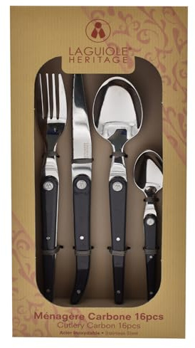 Cubertería Laguiole Heritage 16 piezas - Acero inoxidable con mangos negros - Menagère Carbone - Cubertería de alta calidad para 4 personas