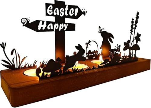 Osterdeko Kerzenständer aus Holz & Eisen - 4er Teelichthalter mit Osterhase & Eier-Motiv, Modernes Osterdeko Innen, Frühlingsdeko Ostern Tischdeko, Ostergeschenk Idee