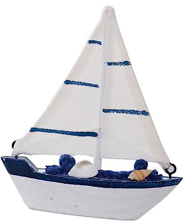 Veemoon 6stücke Holz-segelboot-Modell-Ornament Mediterraner Fischerboot-Stil Handwerkskunst Für Wohn-tischdekoration Weiß Rettungsring Rote Flagge Segeltuch Weißes Fischernetz Meer