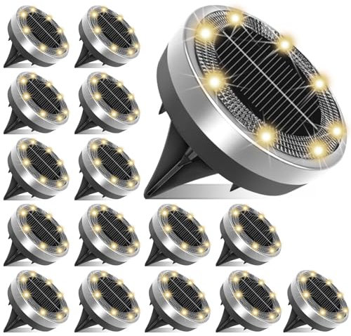 Klein Solar Bodenleuchten Aussen, 16 Stück 8 LED Solarleuchten für Außen, Solarlampen für Außen, Led Solar Gartenleuchten, Warmweiß, IP65 Wasserdicht, Edelstahl,Geeignet für Rasen, Gehweg, Terrasse