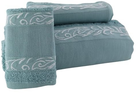 LINANDELLE - Set mit 3 Handtüchern aus Baumwoll-Frottee mit Panama-Aida-Band – Lagunenblau – Einheitsgröße