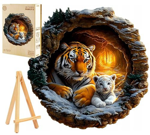 PASJO Holzpuzzle für Erwachsene 3D Tigerfamilie 290 Einzelteile Holzbox und Mini-Staffelei Tierform Tiger-Mama mit ihrem Baby Wooden Puzzle