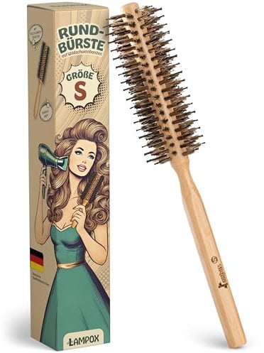 lampox Rundbürste zum Föhnen mit Wildschweinborsten für Volumen und Glanz, Rundhaarbürste, Stylingbürste für Frauen und Männer, Glätten, Locken (S)