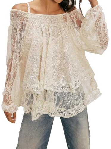 FeMereina Damen-Oberteil, schulterfrei, durchscheinend, lange Ärmel, gestufte Spitze, lockere durchsichtige Blusen, weiß, S