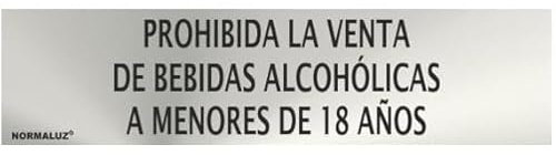 Prohibida la Venta de Bebidas Alcohólicas A Menores de 18 años, cartel de acero inoxidable de 0'8mm 50 x 200 mm SEKURECO