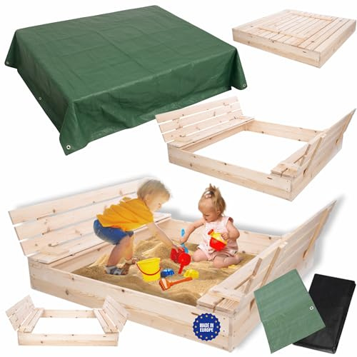 MODO24 Sandkasten mit Deckel, Sitzbänken und Schutzplane, Holzsandkasten, Gartenspielzeug für Kinder, Sandkasten für Garten, Outdoor Sandkasten, Abmessungen 140x137 cm, Farbe: Naturholz (imprägniert)