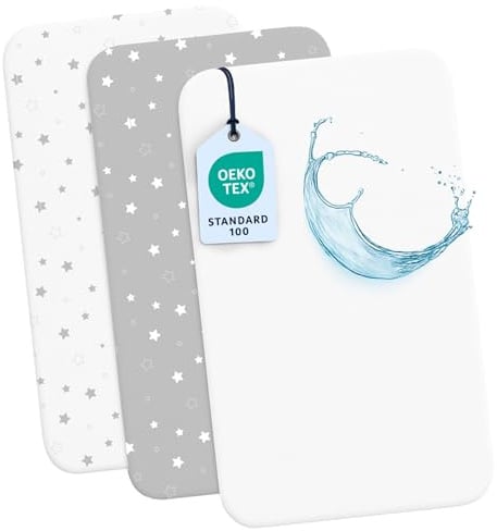 Dreamzie - 2 Baby Spannbettlaken 50x83 + 1 Wasserdichter Matratzenschoner | 3er Set für Babybett · 100% Baumwolle · Hypoallergen · OEKO-TEX zertifiziert · Kinderwagen & Babybett · Sternmotiv