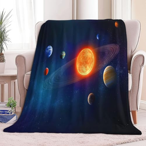 Dunkelblau Flauschige Warme Kuscheldecke 150 x 200 cm, Weiche Galaxie Sonnensystem Planet Bedruckte Plüschdecke – Dekorative Decke für Kinder und Erwachsene