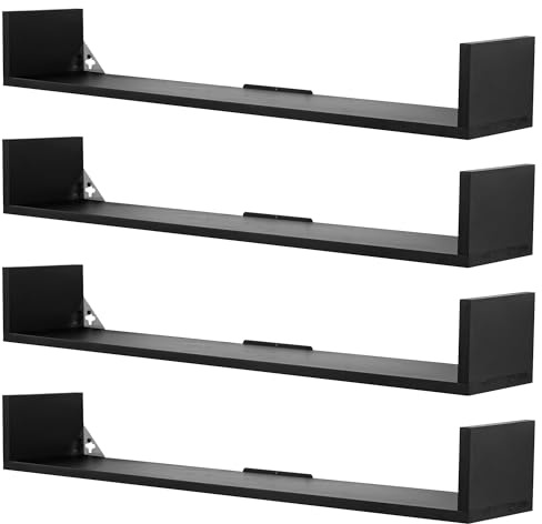 FURAOMEILI Schwebende Bücherregale,80cm Wandregal in U-Form,Langes Hängeregal für die Wand,Großes Rustikales Aufbewahrungsregal für Wohnzimmer,Küche,Bad,Büro,4er-Set(schwarz)