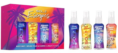 So...? Summer Escapes Mini Body Mist for Women, Fragrance Gift Set (4 x 50ml) – Ibiza Dreams, Bali Breeze, Mykonos Nights, Venice Kiss – Vegan & Cruelty-Free, Recyclable Bottle