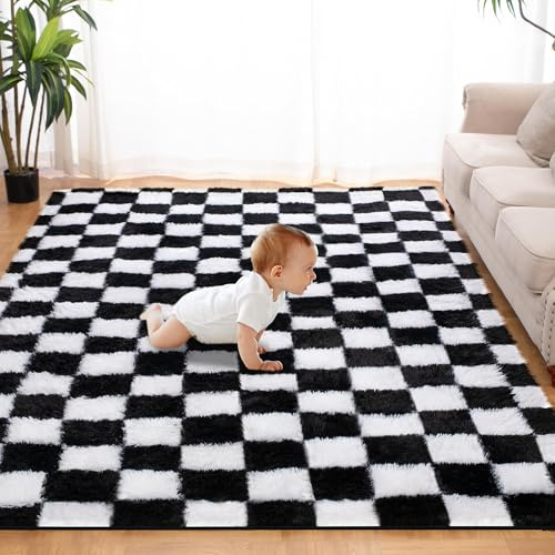 Hochflor Teppiche Wohnzimmer Flauschiger Weich, 120x170cm, Schwarz und Weiß | Schachbrettmuster Wohnzimmerteppich Shaggy Flur Modern Weich Teppiche für Deko/Schlafzimmer/Kinderzimmer