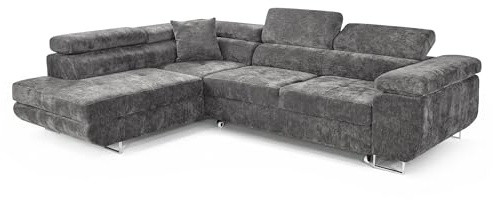 COMFORTINO FURNITURE Ecksofa mit Schlaffunktion PASTI L-Form, Sofa Couch mit Bettkasten, 3-Sitzer Eckcouch, Schlafsofa für Wohnzimmer, Big Sofa Couch mit Schlaffunktion (Graphit, Ottomane Links)