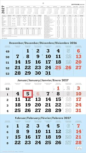 3-Monatskalender blau 2027: Wandkalender 33x59 cm mit 3 Monaten pro Blatt, Datumschieber, Wochenzählung, Feiertagen & Ferien ideal für Büro & Homeoffice