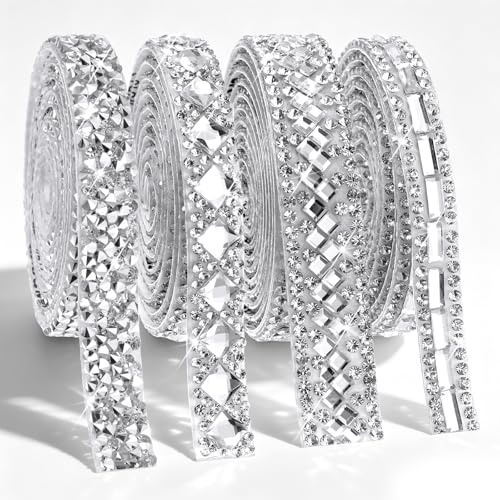 GEEHUA 4 Rollen Silber Strassbänder, 4 Verschiedene Selbstklebende | Strass Diamantbänder Zierleisten Strass Aufkleberrolle für DIY Basteldekorationen