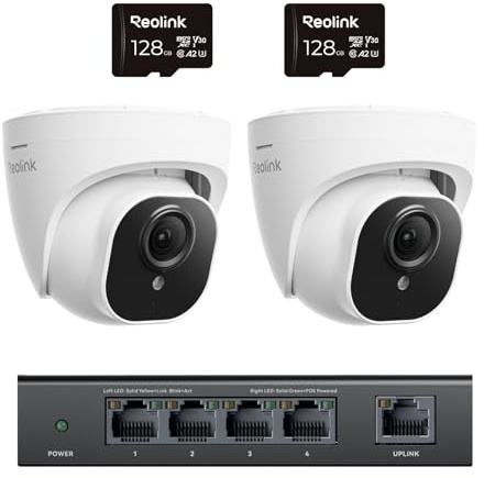 Reolink 5MP PoE Überwachungskamera Aussen mit Personen-/Autoerkennung, Smarte IP Kamera Outdoor, IR Nachtsicht, Audio, Wasserfest, 2xRLC-520A mit 2x128GB mircoSD Karten und PS1E