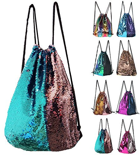 Winmany, Rucksack mit Kordelzug, Tragetasche, Schulterbeutel, im modischen Meerjungfrauen-Design mit glitzernden Schuppen, beidseitig verwendbar, sportlich, Blau/Pink