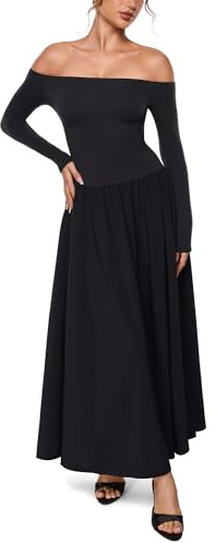 INLYRIC Women's Off The Shoulder Long Sleeve Maxi Dresses Elegant Formal Wedding Guest Cocktail Long Dresses Black Small