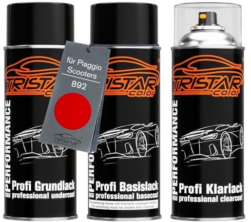 TRISTARcolor Motorradlack Spraydosen Set für Piaggio Scooters 892 Rosso Zip Perl Grundlack Basislack Klarlack Sprühdose 400ml