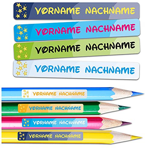60 x Namensaufkleber Wunschname personalisiert je 4,5x0,6cm Aufkleber mit Kinder Name Beschriftung Schule Kindergarten Stifte Sticker (Nr. 16 Sterne, Für schmale Oberflächen)