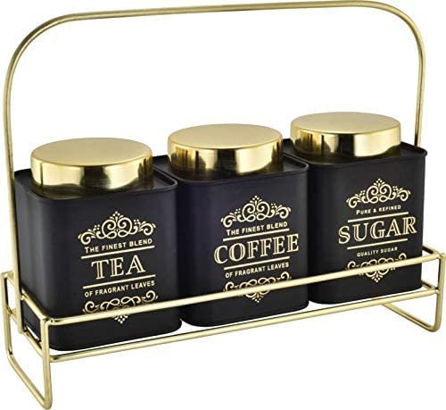 Nobel - Vintage Home Tea Sugar Coffee Biscuits Bread Pasta Canisters with Gold Coloured Lid -Black (Tea Coffee Sugar With Gold Stand)