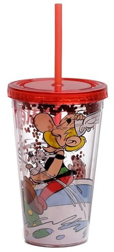 Puckator Asterix doppelwandiger wiederverwendbarer Becher mit Strohhalm & Deckel 500ml