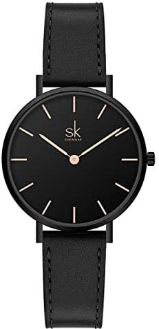 SK - Orologio da donna ultra sottile minialista, con cinturino in pelle, con due mani, nero