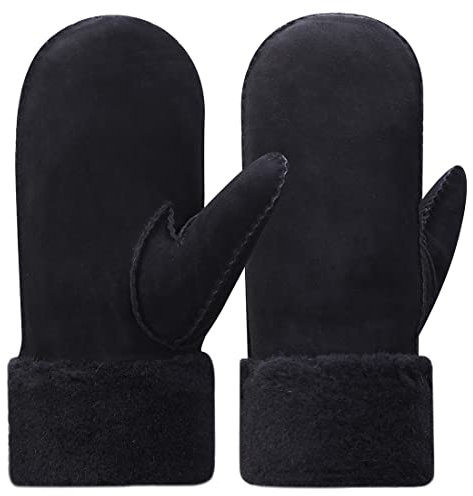 Harssidanzar Damen Fäustlinge,Winter Schaffell Lammfell beheizte warme pelzige Stulpenhandschuhe Lederhandschuhe KL024EU, Schwarz, Größe S