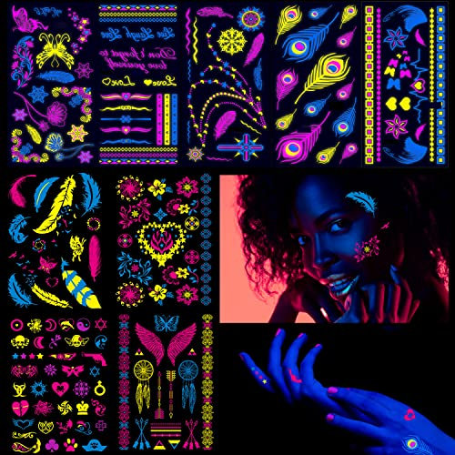 Sugeru 9 groß Blätter Neon gesichtstattoo(157 Muster),glitzer neon party outfit,farbe tattoo gesicht,schwarzlicht schminke,UV Body & Face Painting Tätowierung Aufklebe - Natürliche Sojatinte