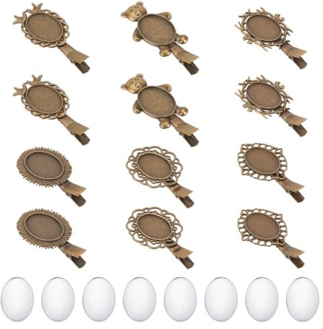 nbeads 32 Stück 6 Stile Antike Bronze Haarspange Tray Kit, Einschließlich 12 STK. Ovale Haarspangen Rohlinge 20 St. Klarglas Cabochons für DIY Haarspange Schmuck DIY Craft Making