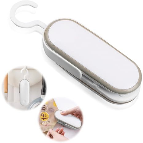 Mini Bag Seale,Mini Film Sealer 2 in 1and Hand with Hook & Cutter Portable Resealer Machine for Snack Bags Food Storage (White)