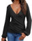 EMOTTOS Camisetas sexys Mujer con Escote en V- Tops Ajustados gofre con Envoltura Cruzada, Crop Top Escote en V Profundo y Mangas largas, Blusas de túnica con Dobladillo Fruncido Irregular(Black-M)