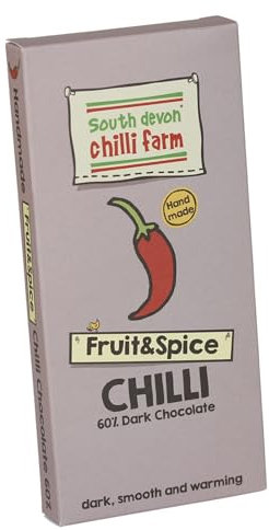 South Devon Chilli Farm Fruit & Spice Chilli Chocolate - Delicious 60% Dark Belgian Chocolate Combined With Homegrown Chillies - Dark, Smooth & Warming - Gift Present for Him or Her - 80g Bar