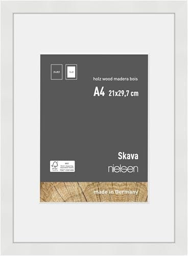 nielsen Bilderrahmen mit Passepartout, 21 x 29,7 cm (A4), Holz, Weiß, Dokumentenrahmen zum Aufhängen im Hoch- & Querformat, Echtglas, Skava