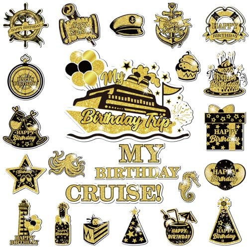 My Birthday Cruise Door Magnets Decorations, Gold Black Happy Birthday Cruise Ship Door Decor Magnetic for Men Women Boys Girls Birthday Carnival Party Supplies Door Refrigerator Fridge Car Kitchen