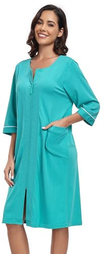 COLORFULLEAF Damen Bademantel mit Reißverschluss Leicht Morgenmantel 100% Baumwolle Hausmantel 3/4 Ärmel Nachthemd mit Taschen(Azurblau,S)