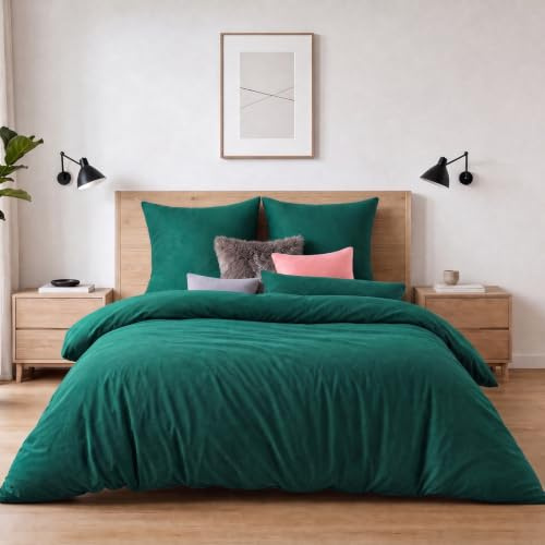 Soifox Winter Flanell Bettwäsche 200x220 3-teilig Dunkelgrün 100% Polyester | Kurzflor-Fleece 140 g/m² mit Metall-Reißverschluss und 4 Eckbändern, 60°C waschbar, trocknergeeignet, bügelfrei, warm & weich