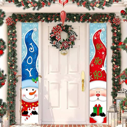 BASAMOU 2PC Striscione Banner Natalizio per Porta Natale, Fuori Porte Natalizio Segno Christmas Decorazioni Babbo Natale y Pupazzo di Neve per Portico Addobbi/Outdoor Corridoio/Ingresso (Natale-B)