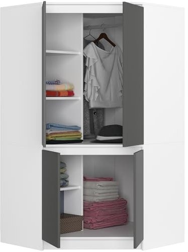 BDW - Eckschrank Schlafzimmer - Kleiderschrank Groß - Schrank 100 cm breit, 180 cm hoch - Eckkleiderschrank mit Kleiderstange und Einlegeböden - Kleiderschrank Weiß/Grau