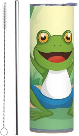 YYHWHJDE Niedlicher lustiger Frosch-Yoga-Bild, Edelstahlbecher, 590 ml, mit Strohhalm, geeignet für Cafés, Büros, Autos, Häuser usw