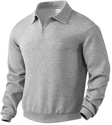 MakingDa Collared Sweatshirt Men Long Sleeve Casual Smart Quarter Zip Polo Neck Jumpers Retro Jacquard Knitted Tops Regular Fit Winter Pullover Knitwear-Grey-L