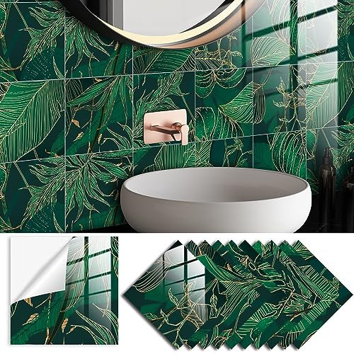 Lukery Fliesenaufkleber, 20 Stück PVC Klebefliesen Küche, Marmor Küchenrückwand Klebefliesen, Bodenaufkleber Fliesenaufkleber Bad für Möbel Wand Schrank (20x20cm,Grüne Blätter)