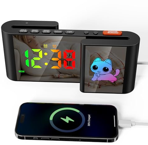 Euakee Réveil Numérique, Horloge Digitale avec Chat Mignon, Horloge LED de Type S, 11 Couleurs Cartoon, Variateur, Volume, Snooze, Veilleuse pour Table de Nuit, Chambre, Room Décor(Noir)
