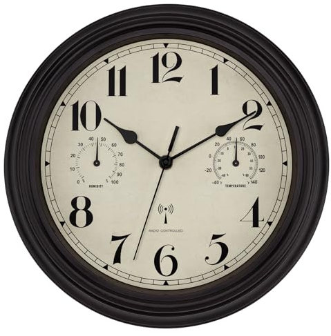 Foxtop Orologio da parete radio per interni ed esterni, resistente alle intemperie, con indicatore di temperatura e igrometro, senza ticchettio, silenzioso, per terrazza, bagno, cucina, soggiorno