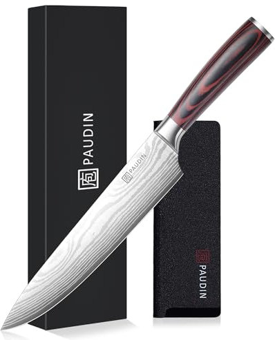 PAUDIN Chef Knife - 9 Inch Kitchen Knife with Sheath, High Carbon Stainless Steel Japanese Cooking Knives with Ergonomic Handle, Premium Gift Box