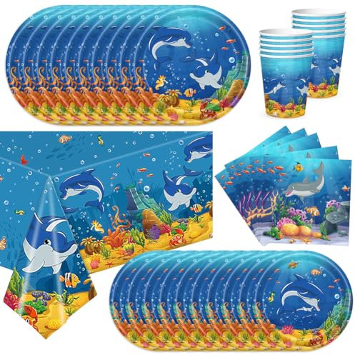 Ozean Vajilla de Cumpleaños, Vajilla de Accesorios de Fiesta Reutilizable Accesorio de Decoracion de Fiesta de Cumpleaños Incluye Vasos Platos Servilletas Mantel (10 Invitados)