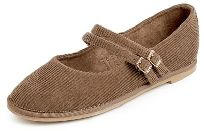 Feversole Women's Soft Breathable Mary Jane Memory Foam Cushioned Comfort Round Toe Metal Buckle Flats Walking Shoes Light Brown Corduroy Size UK 5