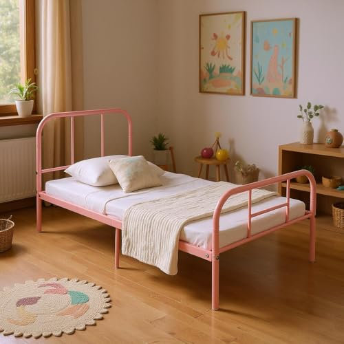 HOMYLIN Lit pour Enfant, Cadre de lit Simple en métal, Construction Durable, idéal pour Chambre d'enfant, dortoir d'adolescent, Convient pour Matelas de 190 x 90 cm, Rose